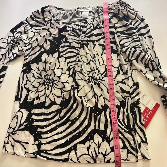 Rebecca Malone Women’s Black and White Shimmer Stretch 3/4 Sleeve Print Blouse - Picture 6 of 13